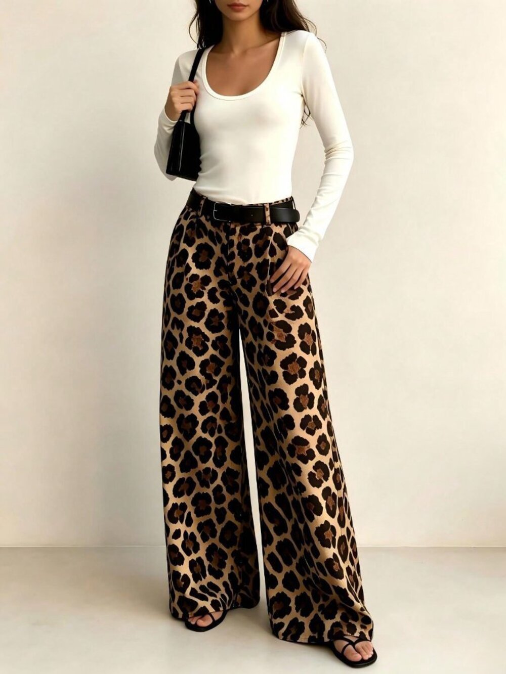 Multicolor Casual Women's Leopard Print Belted Pleated High Waist Wide Leg Pants - Picture 3 of 4